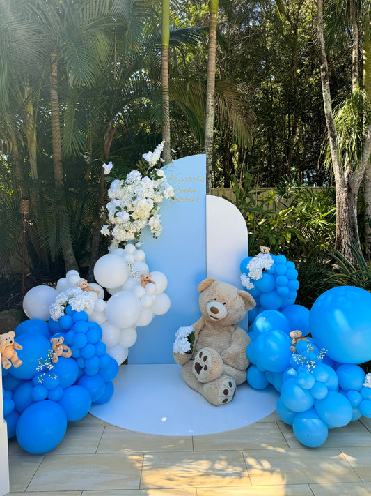 Custom Balloon Arch for Baby Shower: “Elegant custom balloon arch in pastel colors for a baby shower, creating a stunning photo backdrop, Luxurious Balloon Garland: “Sophisticated balloon garland with metallic and pastel balloons, enhancing the baby shower decor. Personalized Baby Shower Balloons: “Customized balloons with baby’s name and due date, perfect for a personalized baby shower celebration,