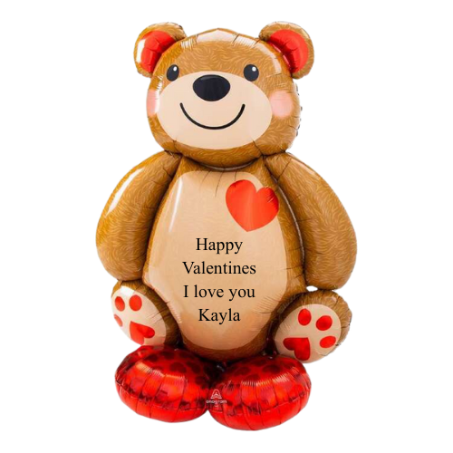 Balloon shaped like a teddy bear with a heart and personalized message on a white background
