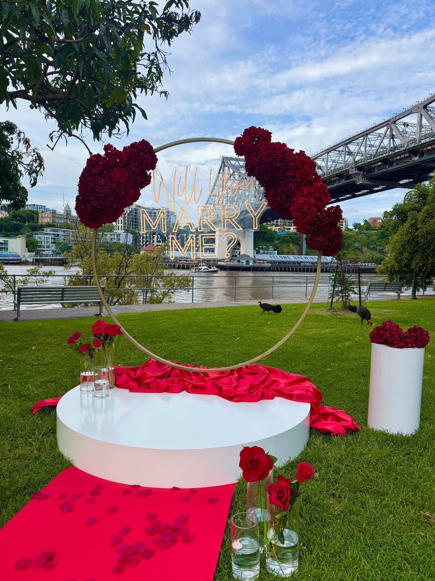 Romantic proposal setup in Brisbane, Gold Coast, and Sunshine Coast with personalized decor, florals, and lighting for an unforgettable moment.